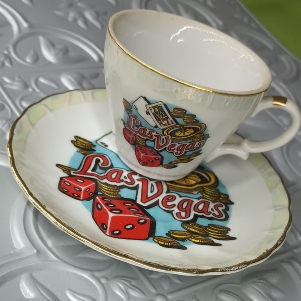 Las Vegas Cup & Saucer Set w/Gold Rim Accent Souvenirs for Decoration NOT FOOD